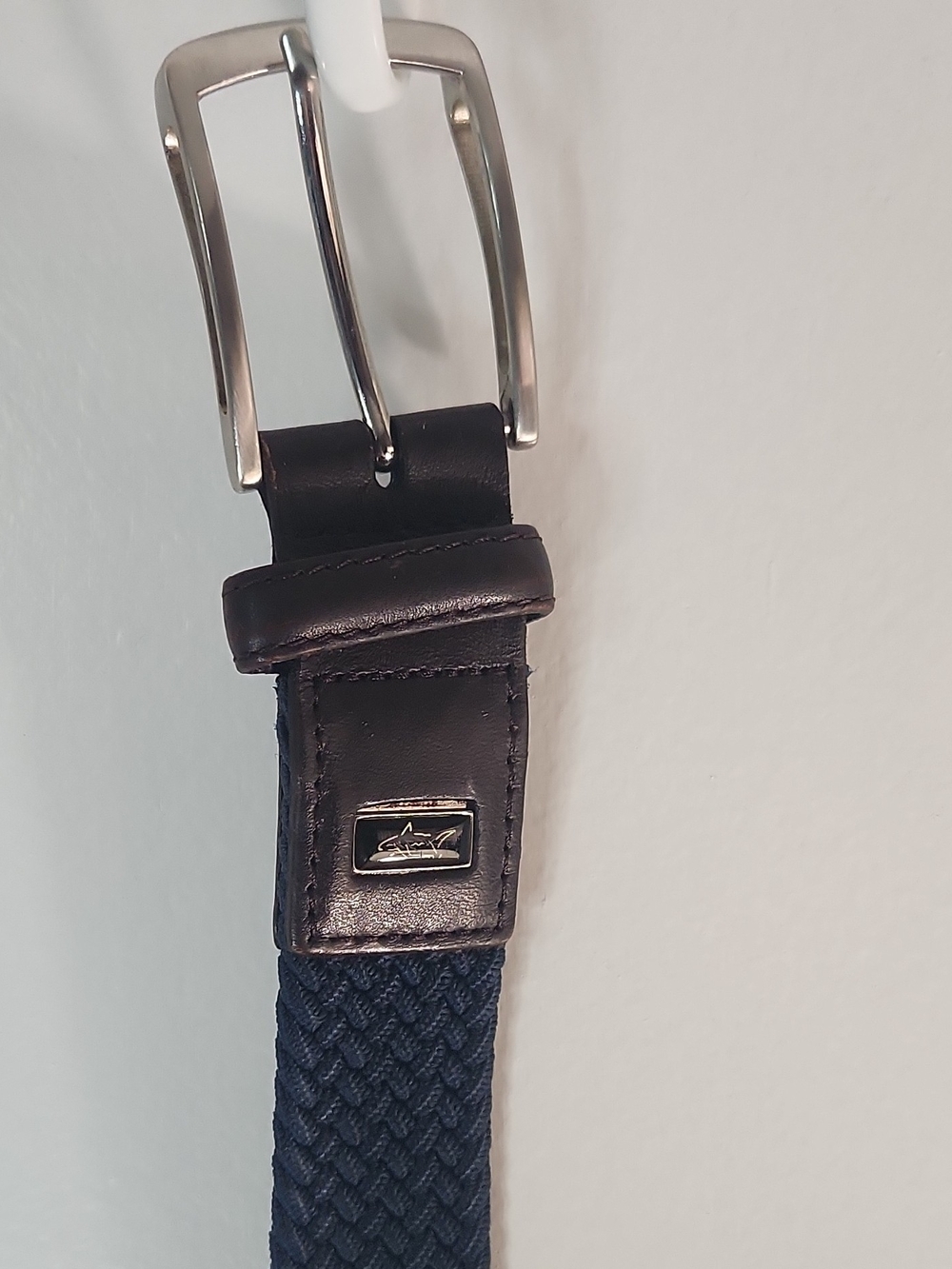 Navy Braided Belt with Leather Trim and Silver Buckle